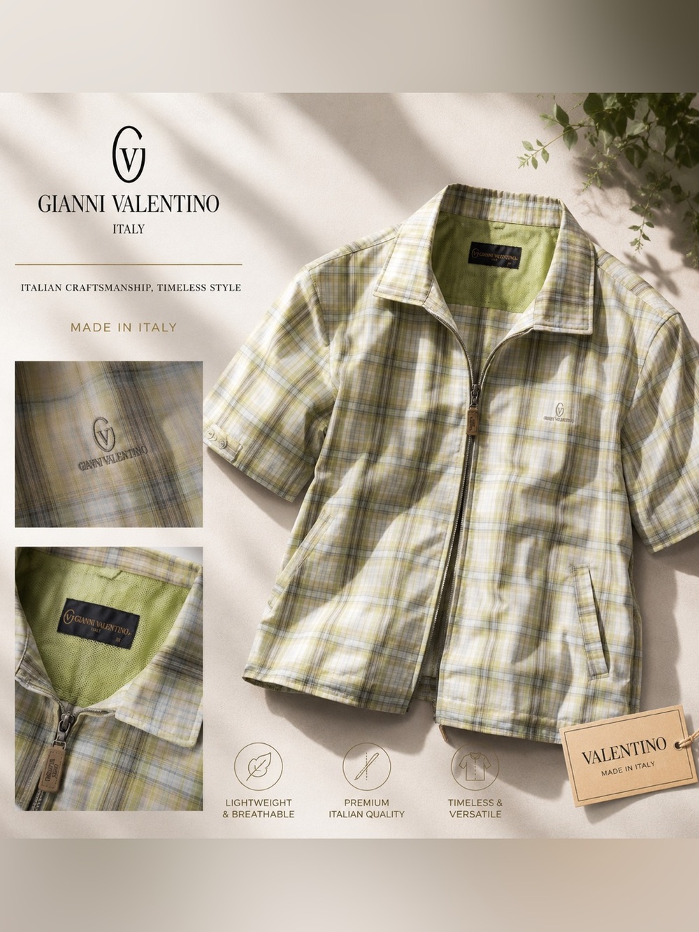 Gianni Valentino Light Green Plaid Zip-Front Shirt Jacket